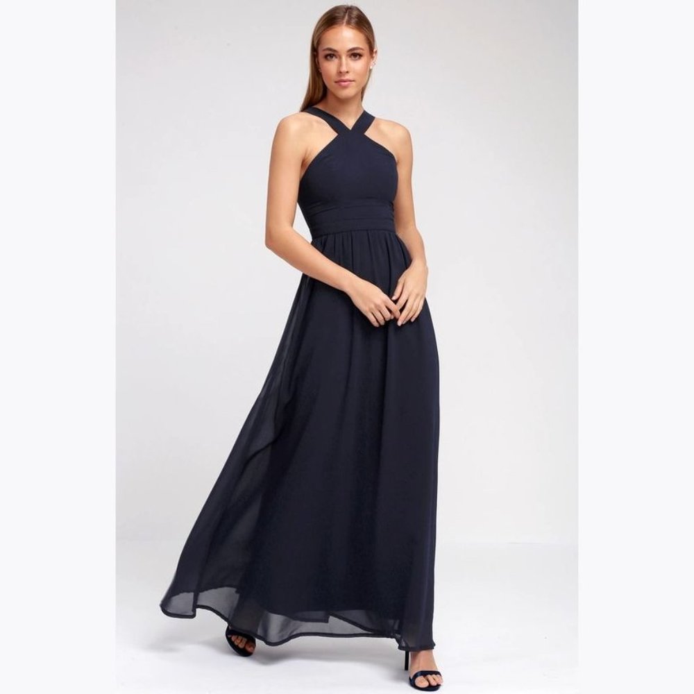 LULU'S Air of Romance Navy Blue Georgette Maxi Dress sz M Women's Wedding Guest - Picture 3 of 10